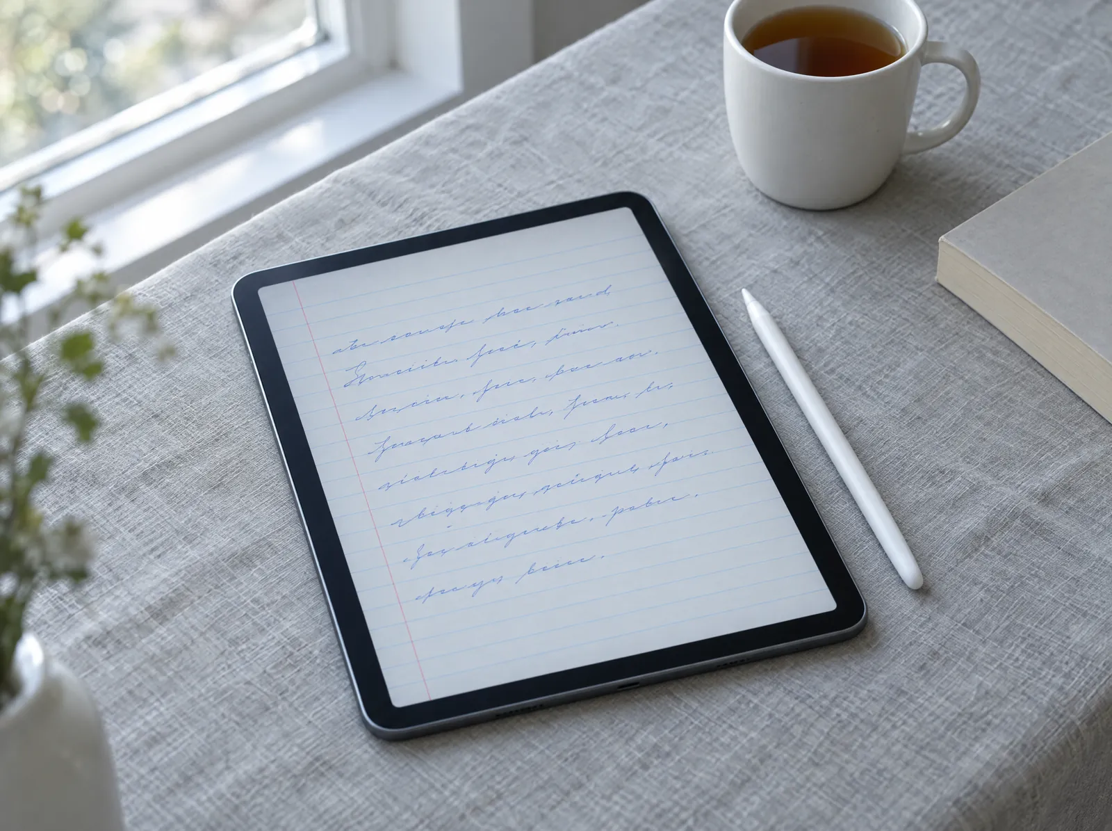 A tablet on a linen tablecloth, showing ruled paper with handwriting in blue ink, a stylus beside it